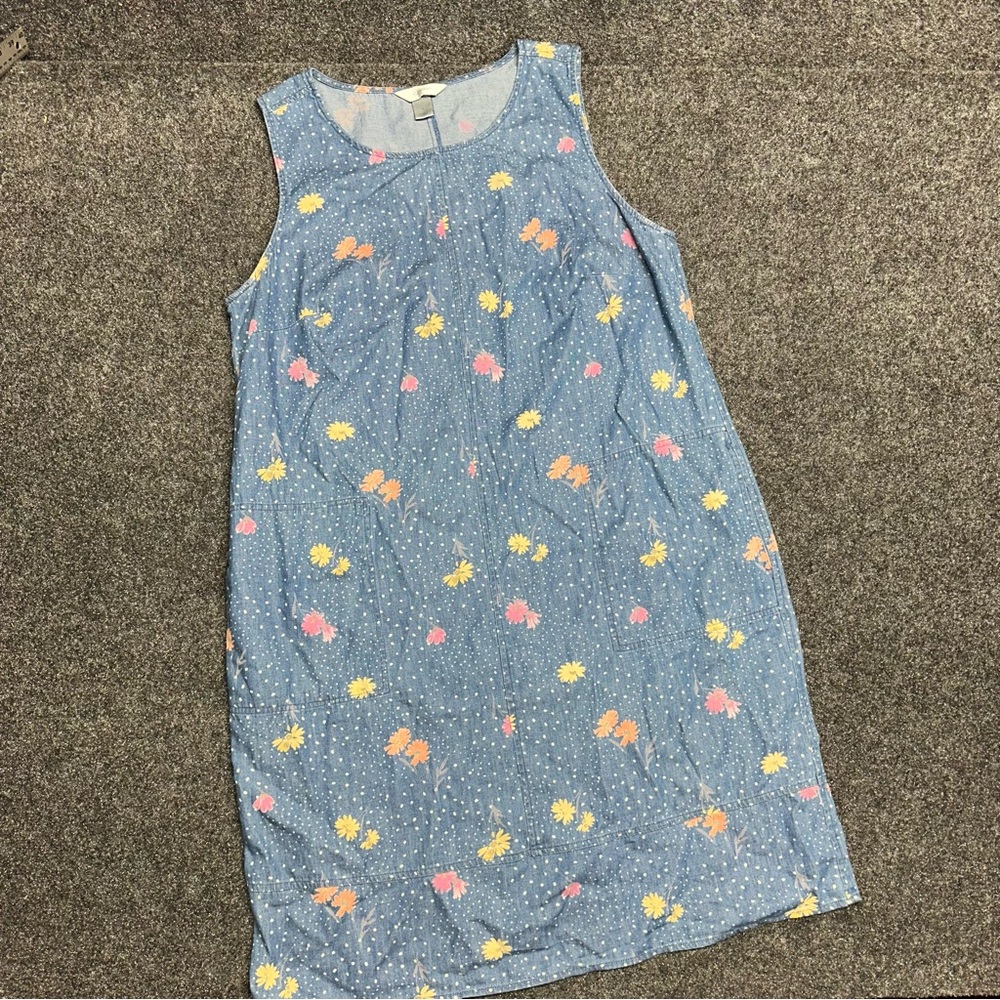 Blue floral polka dot lightweight denim Mini shift jumper overall Dress cottage